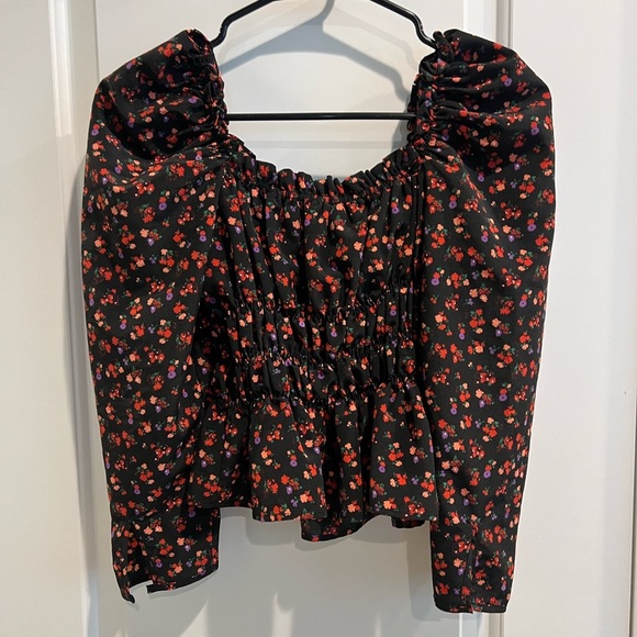 Topshop Red Smocked Long Sleeve Blouse 4 - Picture 3 of 5